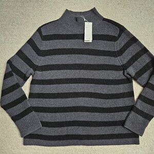 Eileen Fisher Merino Wool Turtleneck Sweater Large Gray Black Stripe FLAW REPAIR